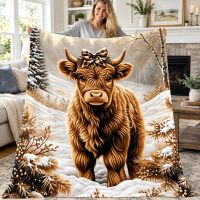 1pc Fluffy Highland Cow Throw Blanket, Cute Animal Pattern Flannel Blanket for Sofa Couch Bed, Super Soft Cozy Lightweight Warm Blanket for All Seasons, Home Decor Living Room Dorm Office Travel, Machine Washable Gift