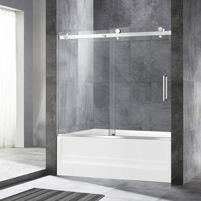 Portes de douche coulissantes simples sans cadre, largeur 56 à 60 po x hauteur 62 po avec verre trempé transparent de 5/16 po (8 mm) et film antidéflagrant