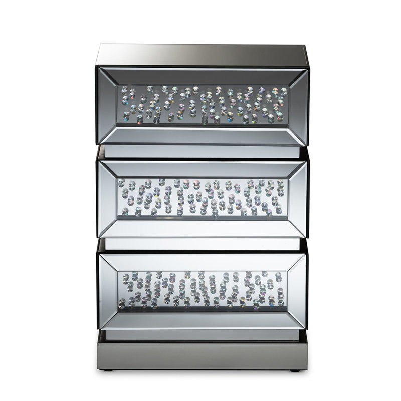 Table de chevet à miroir 3 tiroirs Krystale, style glamour, H 26,18 po x l 17,91 po x P 13,98 po
