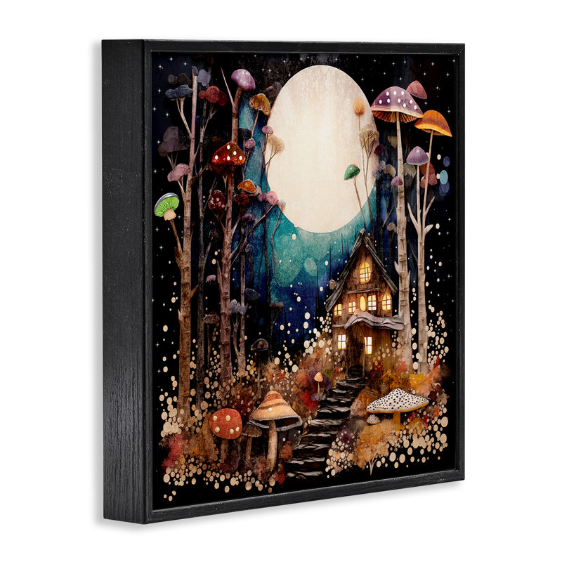 "Whimsical Mushroom Cottage", art giclée par Sasha, H 12 po x l 12 po, Giclée encadrée noir minuit