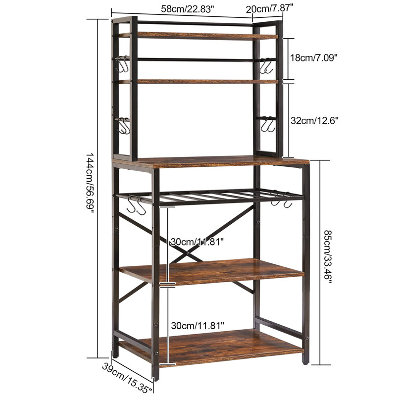 Houon 58cm Metal Standard Baker's Rack with Microwave Compatibility with Wine Bottle Storage, Black/Rustic Brown