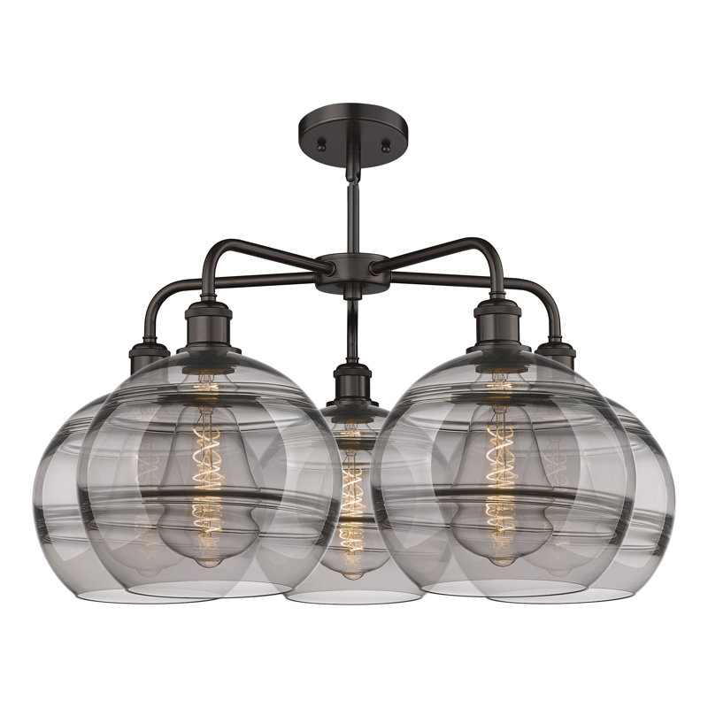 Lustre rond / ovale à abat-jour 5 lumières, Gris fumée clair, H 17,13 po x l 28 po x P 28 po, Bronze huilé
