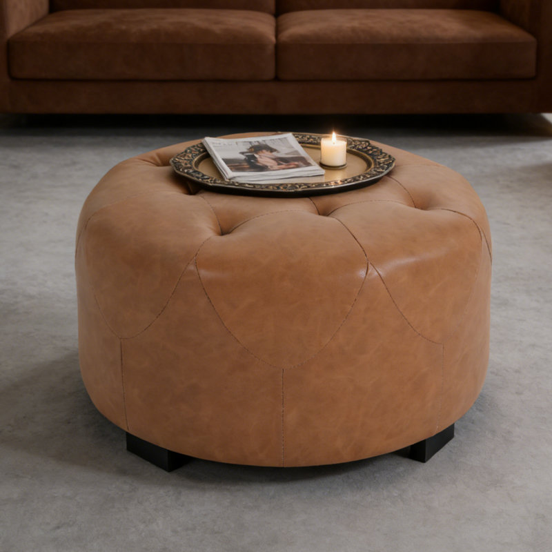 Upholstered Button Tufted Round Ottoman, PU, Orange Brown,Small version