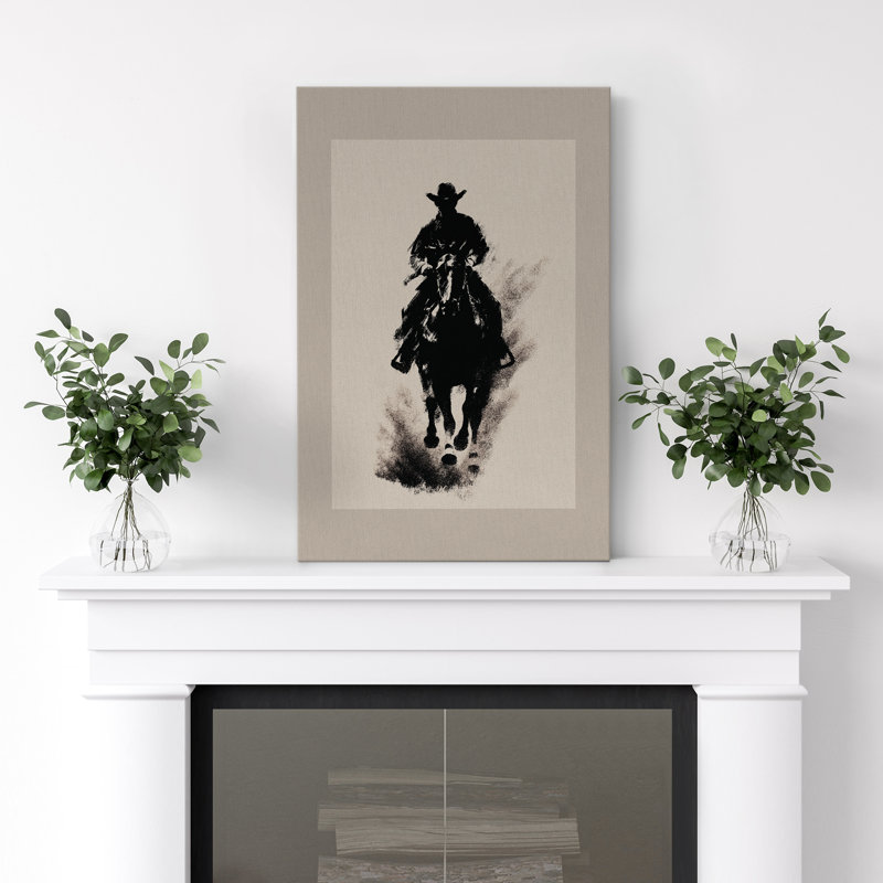«Cowboy on Horseback», art mural sur toile - décor de silhouette occidentale pour salon ou bureau rustique, H 24 po x l 16 po