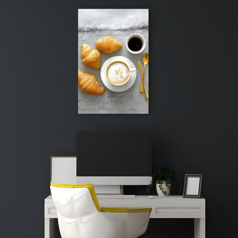 Breakfast Coffee Croissants Rustic Contemporary Wall Art Print 1 Piece Wrapped Canvas Wall Art, 45.72cm H x 30.48cm W