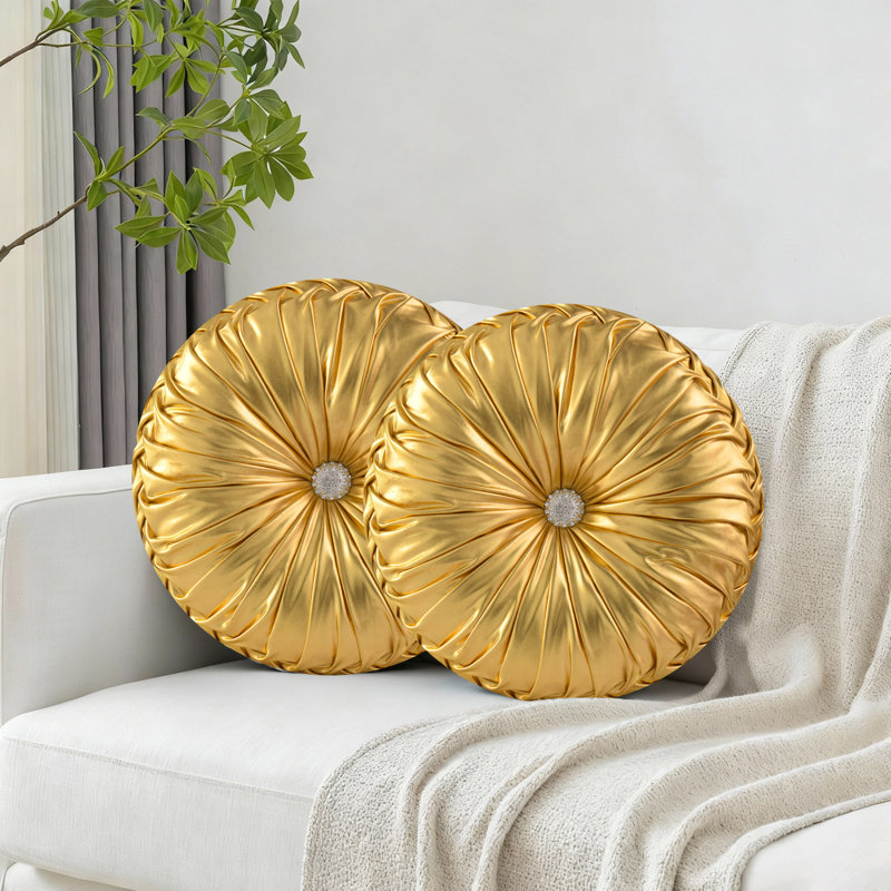 Set Of 2 Round Ruched Throw Pillows For Bedroom Living Room Couch Car Chair Decoration, Gold