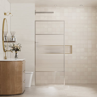 34"W x 74"H Single Fixed Framed Shower Screen Spliced Panel with 3/8" Clear Striped Fluted Glass