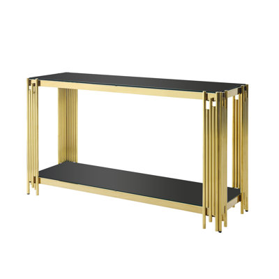 Modern Glass Console Table, 55"" Gold Sofa Table with Sturdy Metal Frame and Black Tempered Glass Top, for Living Room Entryway Bedroom, Gold Finish -  Everly Quinn, 424C4192E23C4854B2B987CBFB382B16