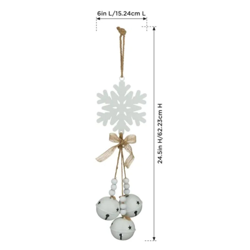 24" White Metal Jingle Bell Hanging Holiday Ornament with Jute Rope and Beaded Accents , Snowflake