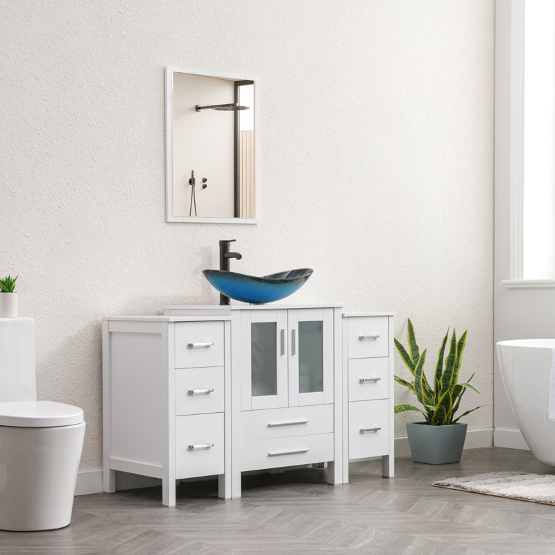 Boleslavas 48" Single Bathroom Vanity Set with Manufactured Wood Top, Vessel Sink, Faucet and Drain, Blanc