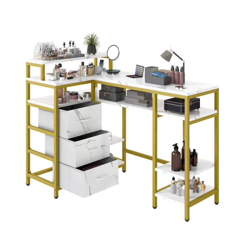  Bureau clouté en L avec structure en métal et tiroir de rangement, Blanc / Doré