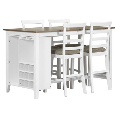 5-Piece Multi-Functional Rubber Wood Counter Height Dining Set With Padded Chairs And Integrated 9 Bar Wine Compartment, Wineglass Holders For Dining Room