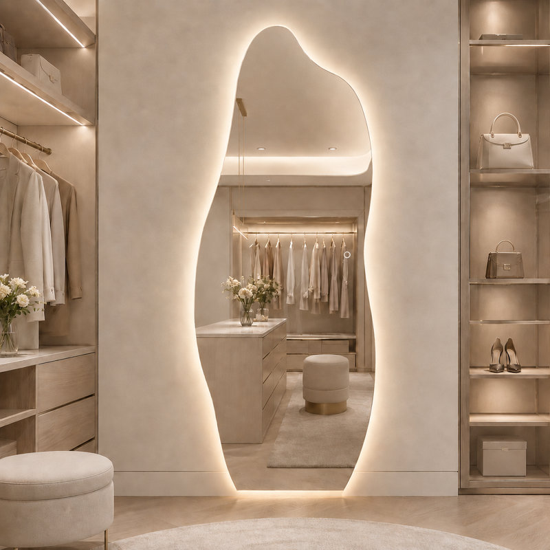 65" H x 24" W Irregular Wavy Frameless LED Full Length Mirror, 3-Color Dimmable Backlit Wall Mounted Mirror for Bedroom, Dressing Room, Entryway
