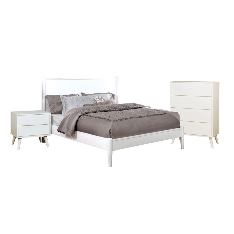 Ensemble de chambre à coucher 3 pièces Bekor, style Mid-Century moderne, finition blanche