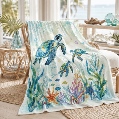 Reef Garden Sea Turtle Blanket, Watercolor Ocean Print with Coral, Starfish and Colorful Fish, Flannel Throw for Couch, Bed, Reading and Travel, 50 x 60 in