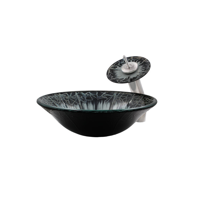 Novatto 17.25'' Glass Circular Bathroom Sink with Faucet, Brush Nickel