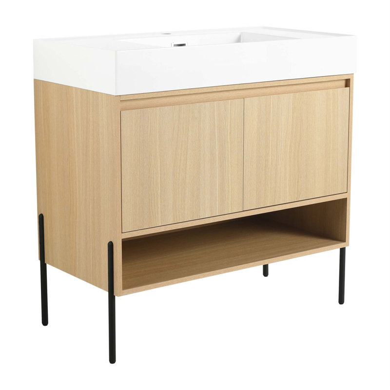 Ensemble de meuble-lavabo 36 po avec lavabo simple en résine, ensemble d'armoires de rangement modernes 2 portes, bois massif multicouche