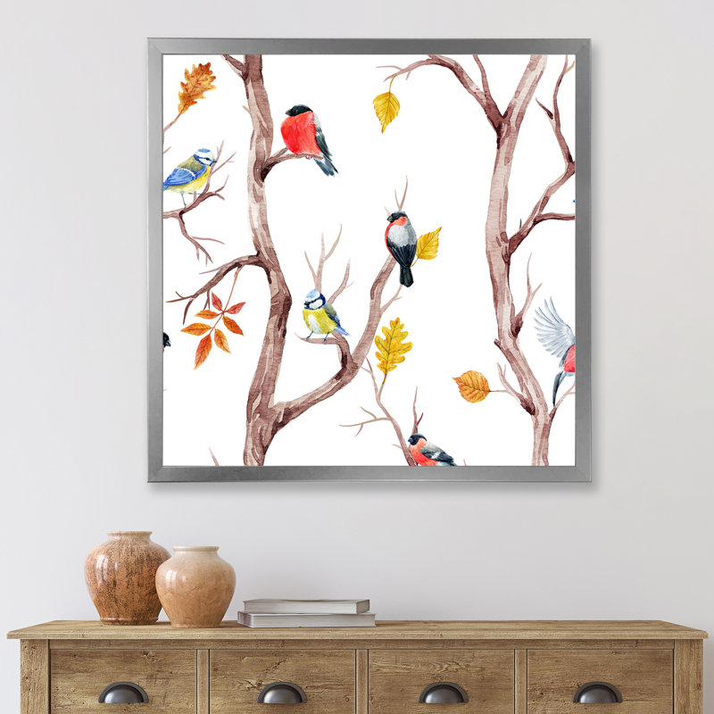 Arbres d'automne et petits oiseaux - Peinture sur toile, H 30 po x l 30 po x 1,5 po, Toile avec cadre argenté