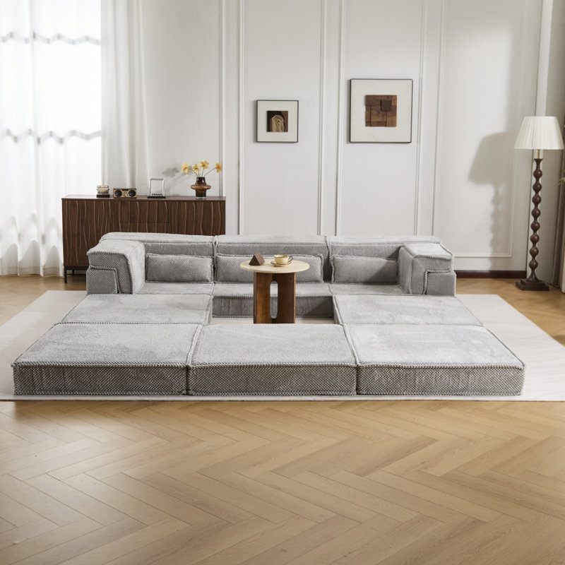 Compression Mahjong Sofa,Convertible Floor Sofa Bed,DIY Boneless Modular Sectional Sofa,No Assembly Required,Circle Fleece Fabric,Oversized 3 Seater With 1 Ottoman,Light-Grey