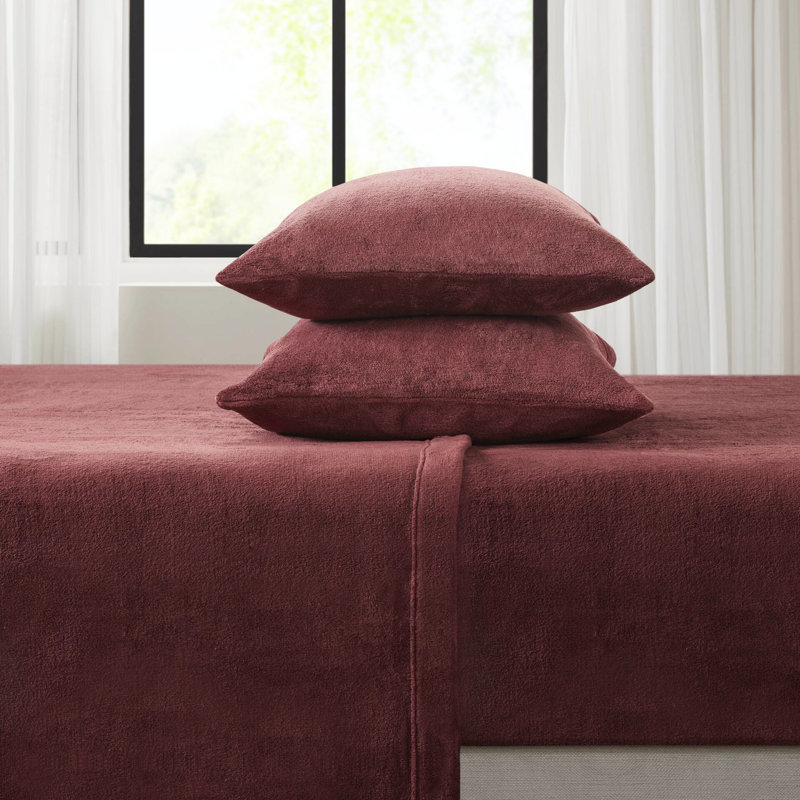 4 grandes draps bourgogne 100% ultra doux et douillet brossé des deux côtés Draps-housse plats 2 taies d'oreiller lavables à la machine