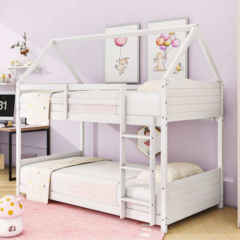 Twin Over Twin Wood House Floor Bunk Bed, White