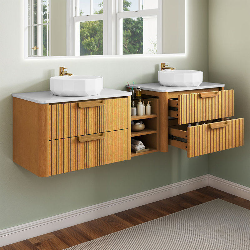 72" Wallmount Bathroom Vanity With Engineered Stone Top And Double Ceramic Sinks
