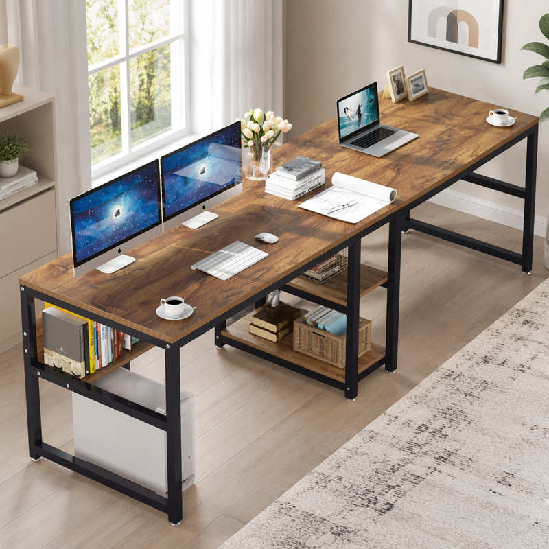 Bureau double pour deux personnes avec tablettes, poste de travail industriel pour 2 personnes avec tablettes de rangement, bureau d'écriture pour bureau personnel