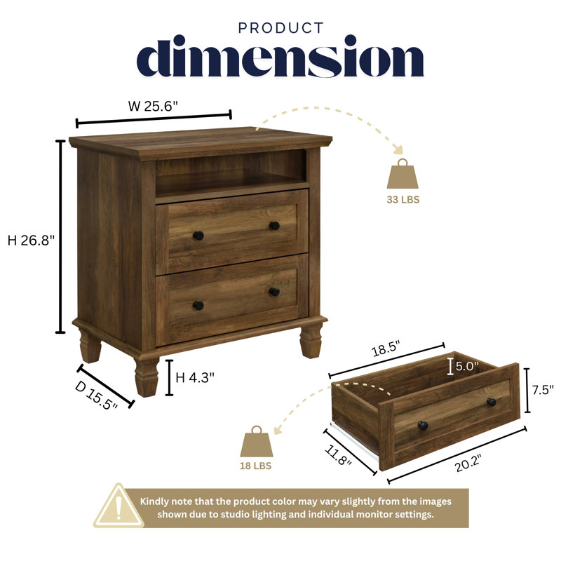 Hooga 2 Drawer Nightstand, Bedside Table with Storage Drawers, Night Stand for Bedroom, End Table or Side Table for Living Room, 15.5" D x 25.6" W x 26.8" H