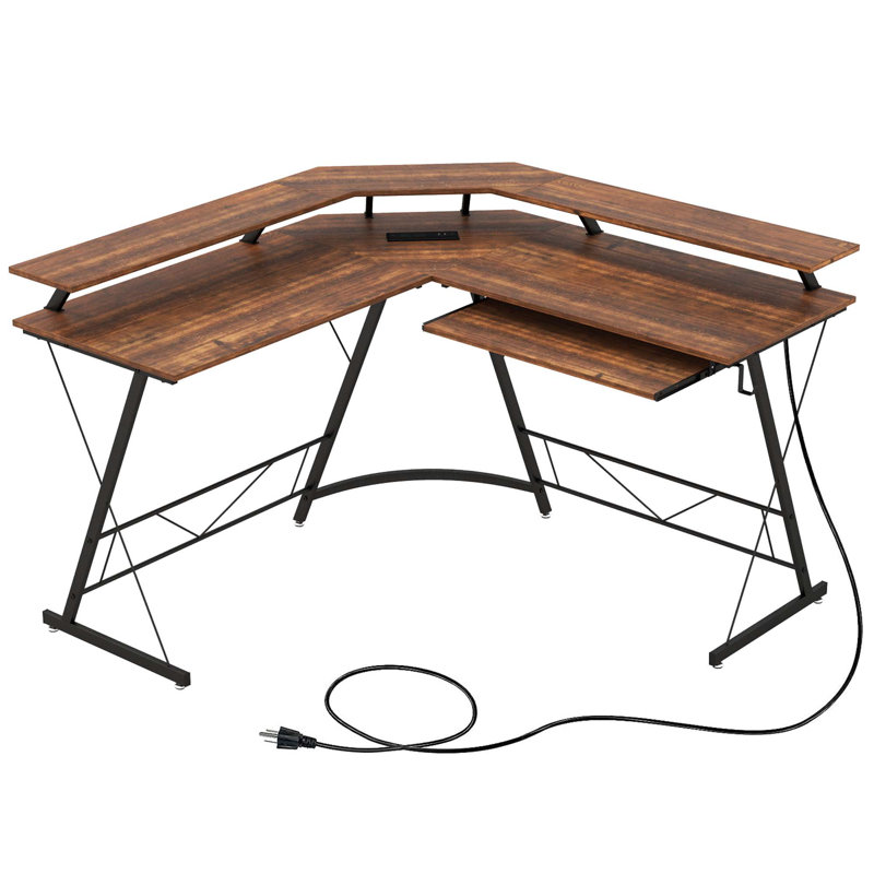 Mamurjon L-Shaped Steel Computer Desk with Built-In Electrical Outlet, Rustic Brown