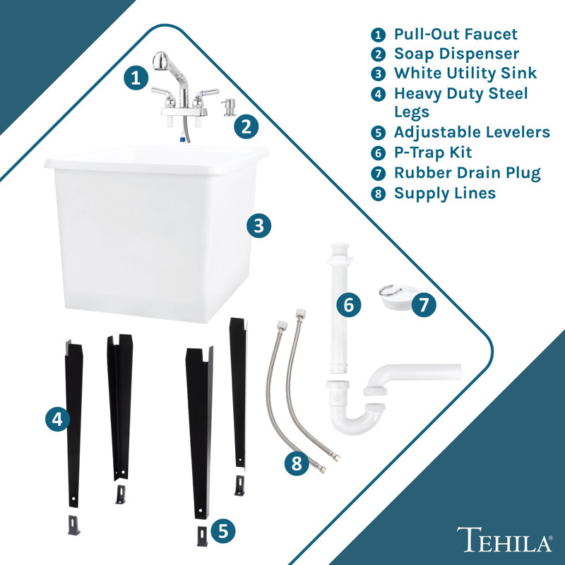 17.75 In. X 23.25 In. Freestanding Space Saver Utility Sink Pull-Out Faucet, Soap Dispenser, Chrome, White