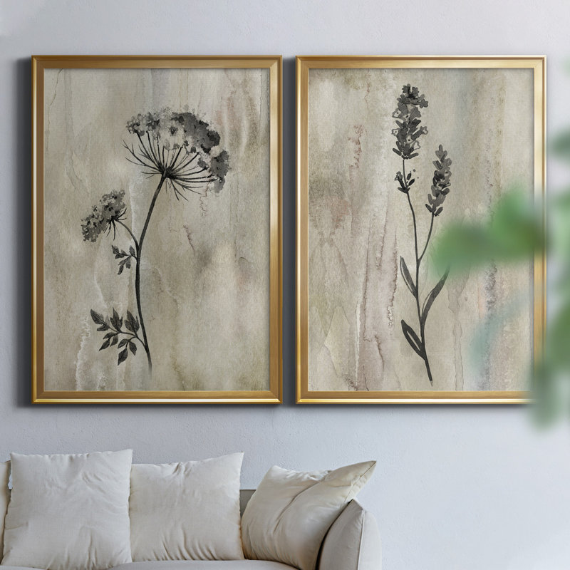 «Sumi-e Silhouette I», ensemble de 2 reproductions d'art, H 26,5 po x l 73 po, Toile avec cadre, Doré