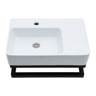 23" L x 16" W Rectangular White Ceramic Wall Hung Wall Mounted Bathroom Sink with Faucet Hole and Black Towel Bar