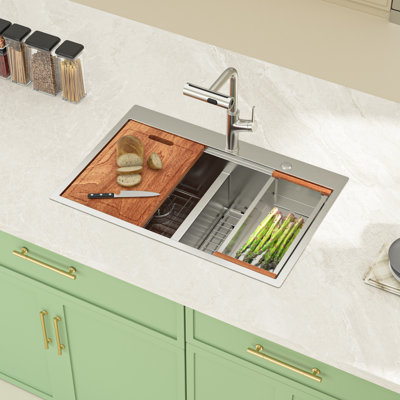 36"L × 22"W Drop-In 50/50 Double Bowl Stainless Steel Workstation Kitchen Sink with Accessories