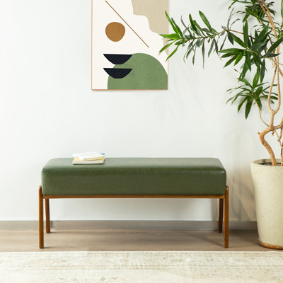 Mid-Century Modern Hunter Green Leatherette Bench With Walnut Rubberwood Legs