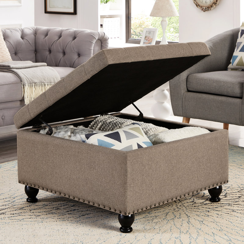 Linen Upholstered Square With Internal Compartment And Elegance Wood Base Button Design, Brown