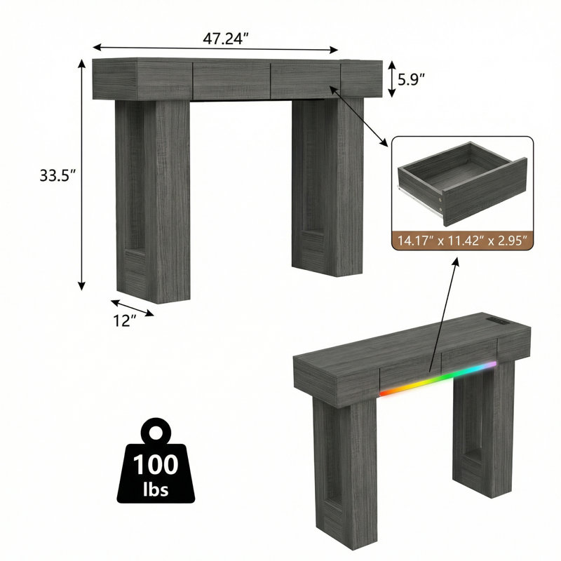 LED Light Console Table with Charging Station, 47.24" Modern Wood Entryway Table with 4 Drawers, Brown