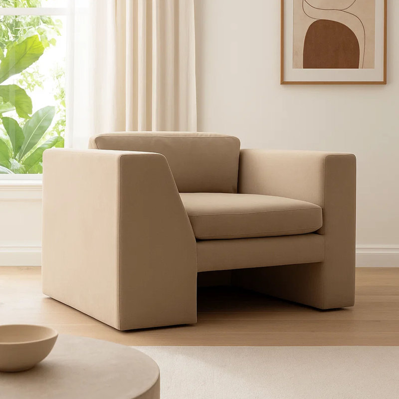 Chaise d'appoint Roe, velours performance, accoudoirs sur rail, Brun chameau