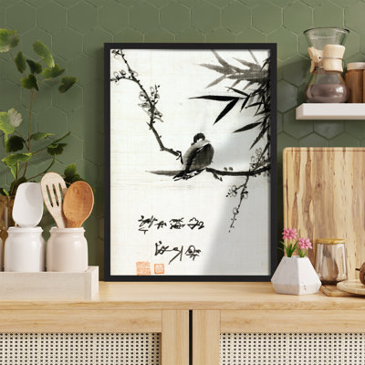 Z Studio Japanese Wall Art Vintage Huariao Bird And Flower Wall Decor Traditional Japanese Ink Painting Style Art Print Wabi Sabi Home Decor, 12x16 inch, BLACK FRAMED