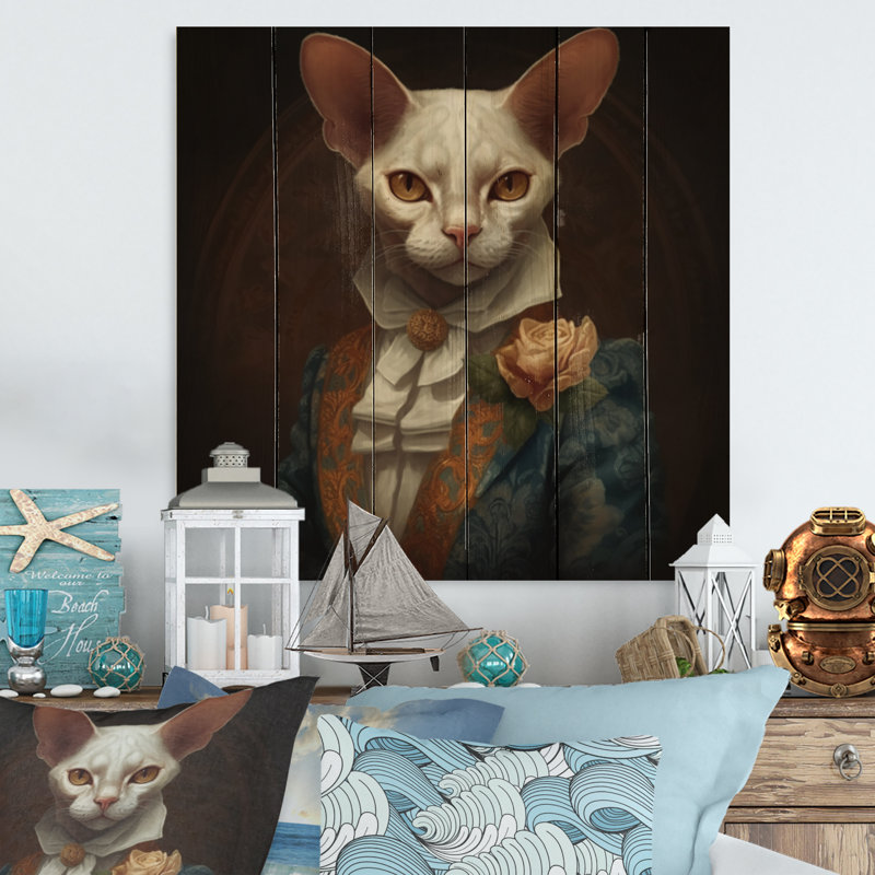 Chrislyn - Chat blanc fantaisie sur bois, H 25 po x l 25 po x P 0,78 po