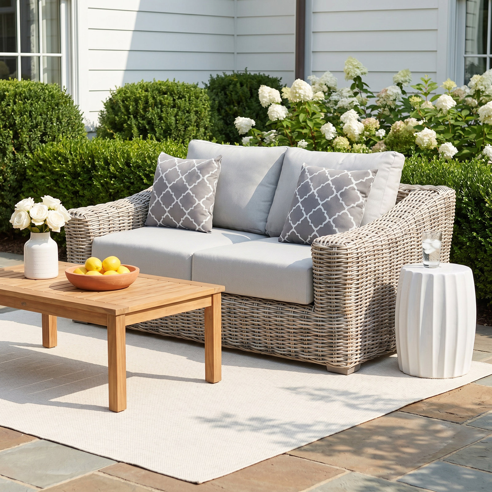 64.9'' Wide Wicker Loveseat with Cushions, Light Gray