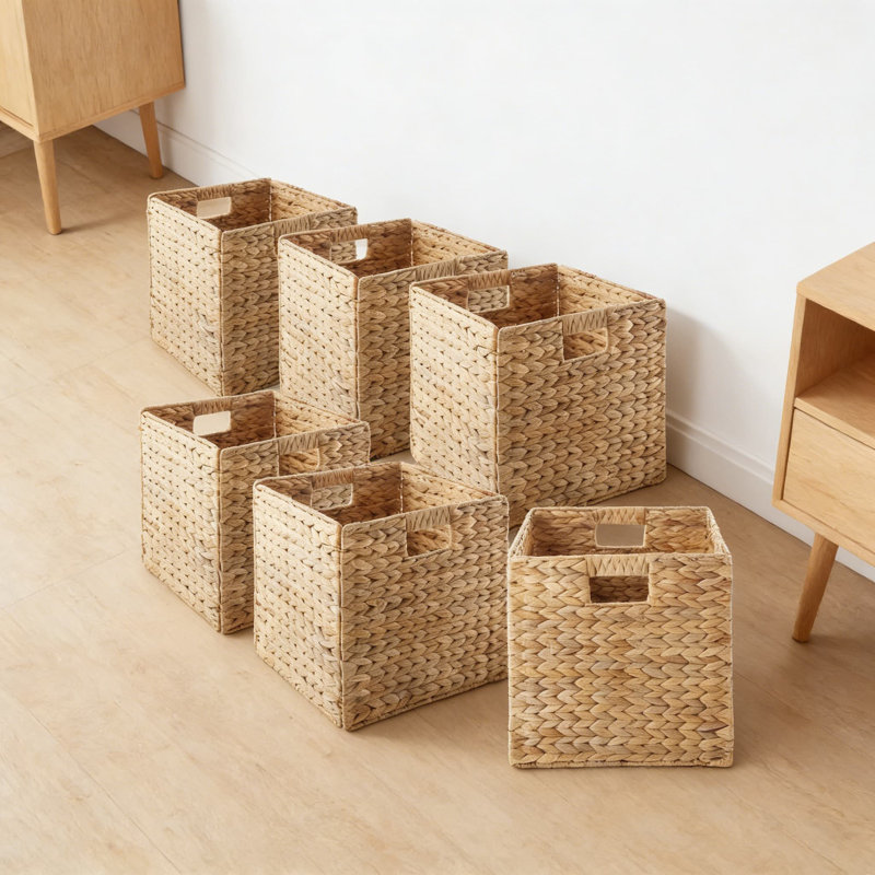 Natural Water Hyacinth Storage Baskets, Set Of 6 Cube Organizers With Metal Frame For Home Organization In Living Room, Bathroom, Bedroom, And Laundry