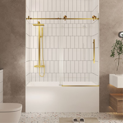 Frameless Shower Door 56-60 "W X 60" H, 1/4 "(6 Mm) Clear Tempered Glass, Explosion Proof Film, Stainless Steel Handle,Brushed Gold