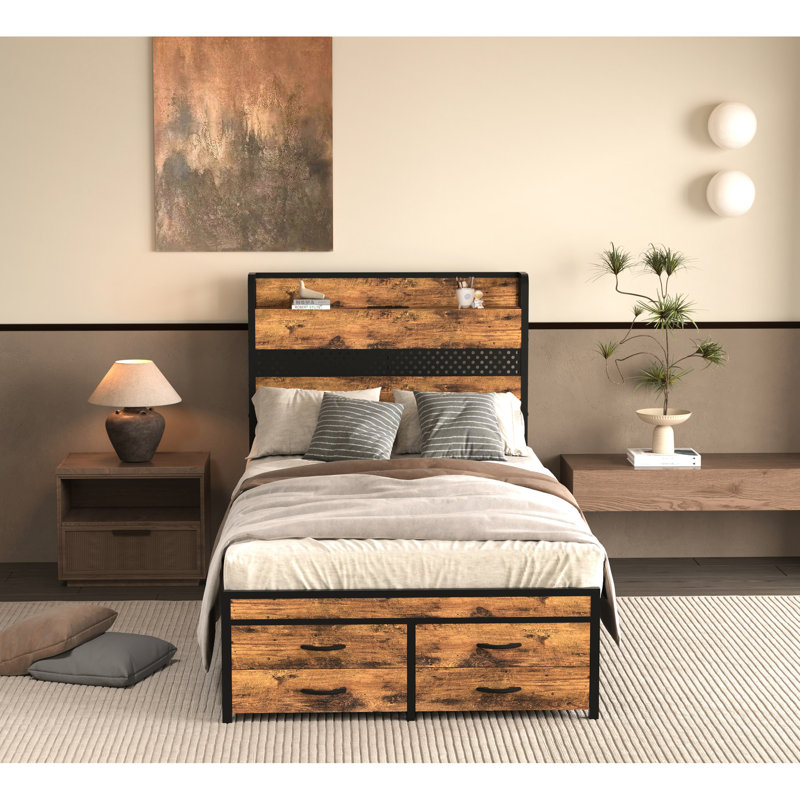 Structure de lit simple avec tête de lit et rangement - plateforme en métal, rehausse l'esthétique fonctionnelle de votre chambre à coucher, lumières à DEL noires sans sommier 16 couleurs, chambre à coucher lumineuse,