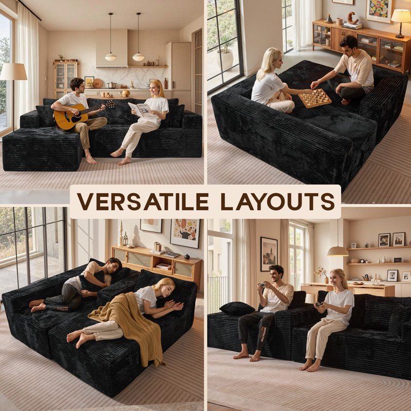 Navarrie No Assembly Required- 2 Piece Free Combination Compression Sectional, Left Chaise Facing, Black Faux Fur