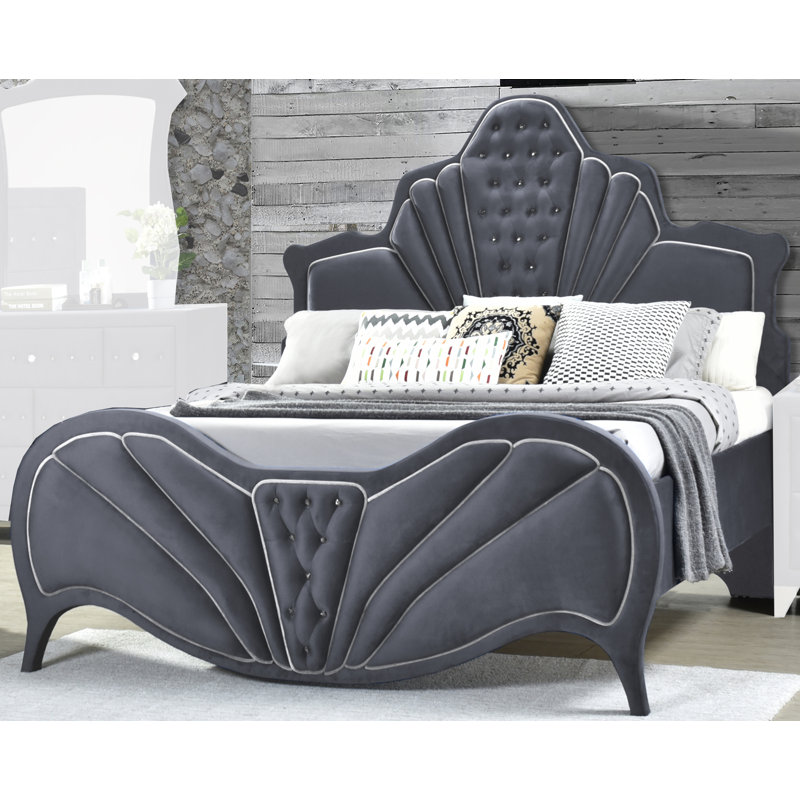 Lit plateforme tapissier touffeté, gris, Grand
