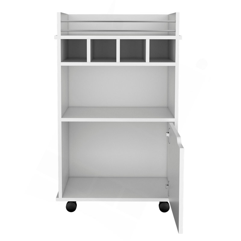 35" H Bar Cart With Two Shelves Four Wine Cubbies And One Cabinet, White