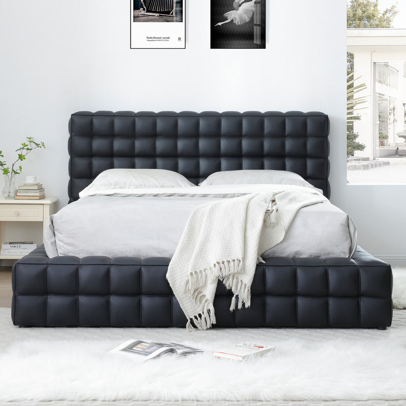 Livia Vegan Leather Upholstered Bed Fram, Black, Queen
