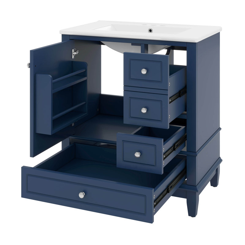 Meuble-lavabo 30 po avec lavabo en céramique, une porte avec tablette et trois tiroirs, poignées en métal, Blue