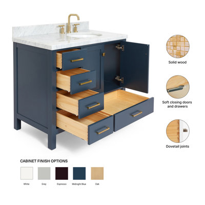 Meuble-lavabo simple en bois massif 43 po avec plateau en marbre Carrara de Cambridge 43 po Cambridge