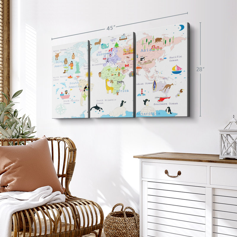 «World Map Continents» sur toile, H 28 po x l 45 po x P 1,25 po